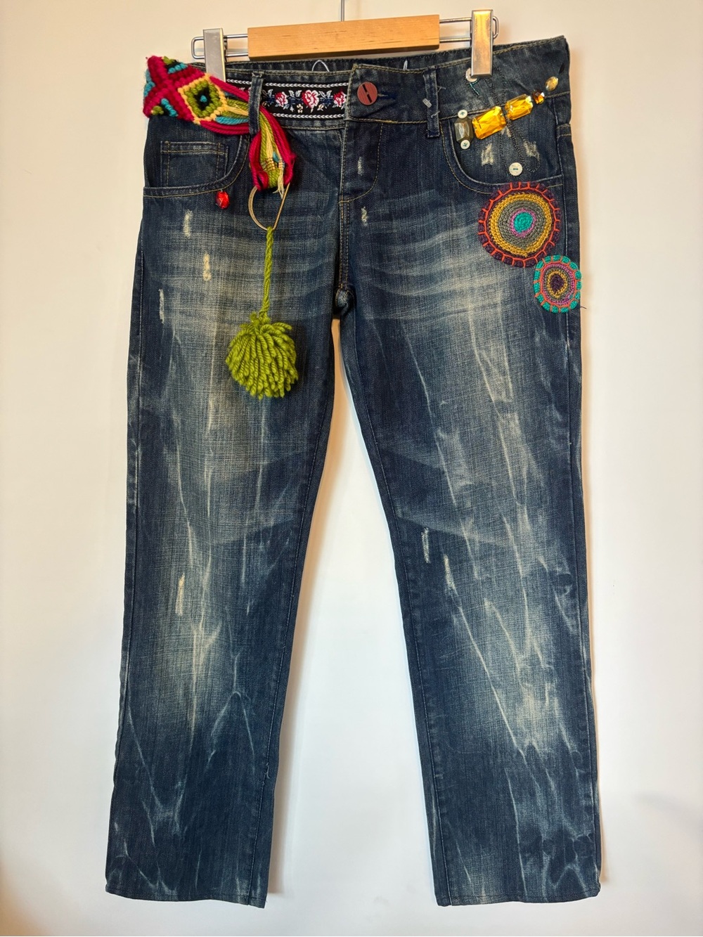 Desigual Indigo Straight-Leg Jeans with Colorful Crochet Accents